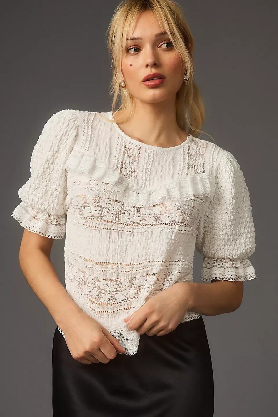 Anthropologie Puff Sleeve Lace Blouse Top White Medium Women's